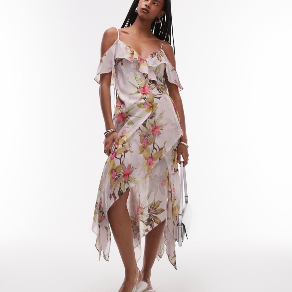 AllSaints Grace Pink Floral Midi Handkerchief Dress